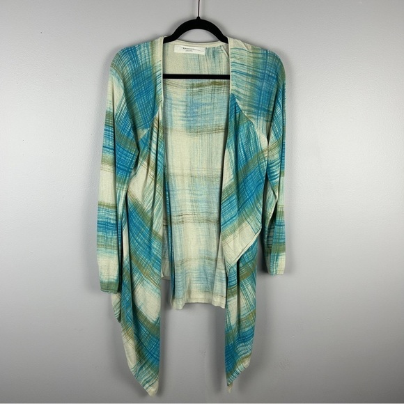 Anthropologie Sparrow Revolution Plaid Asymmetrical Draped Cardigan Medium Blue - Picture 2 of 15